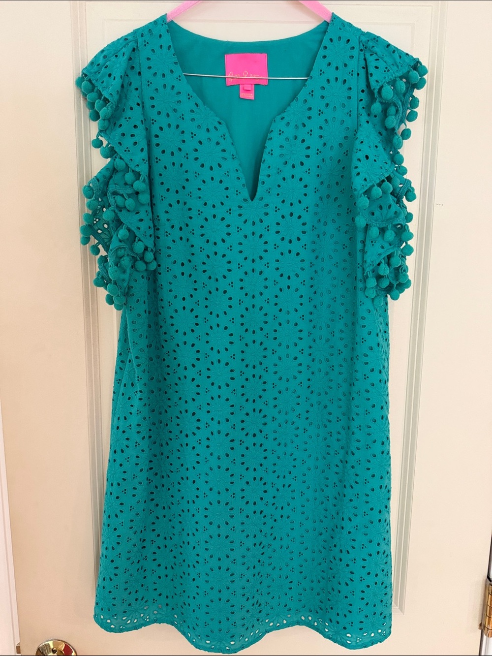 Lilly Pulitzer Teal/Green Eyelet Pom Pom Sleeve Shift Dress - Size S